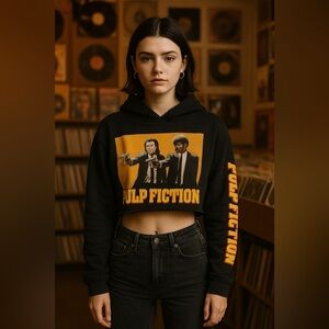 Pulp fiction hoodie cropped medium Black Graphic movie 90s retro sweatshirt Y2K